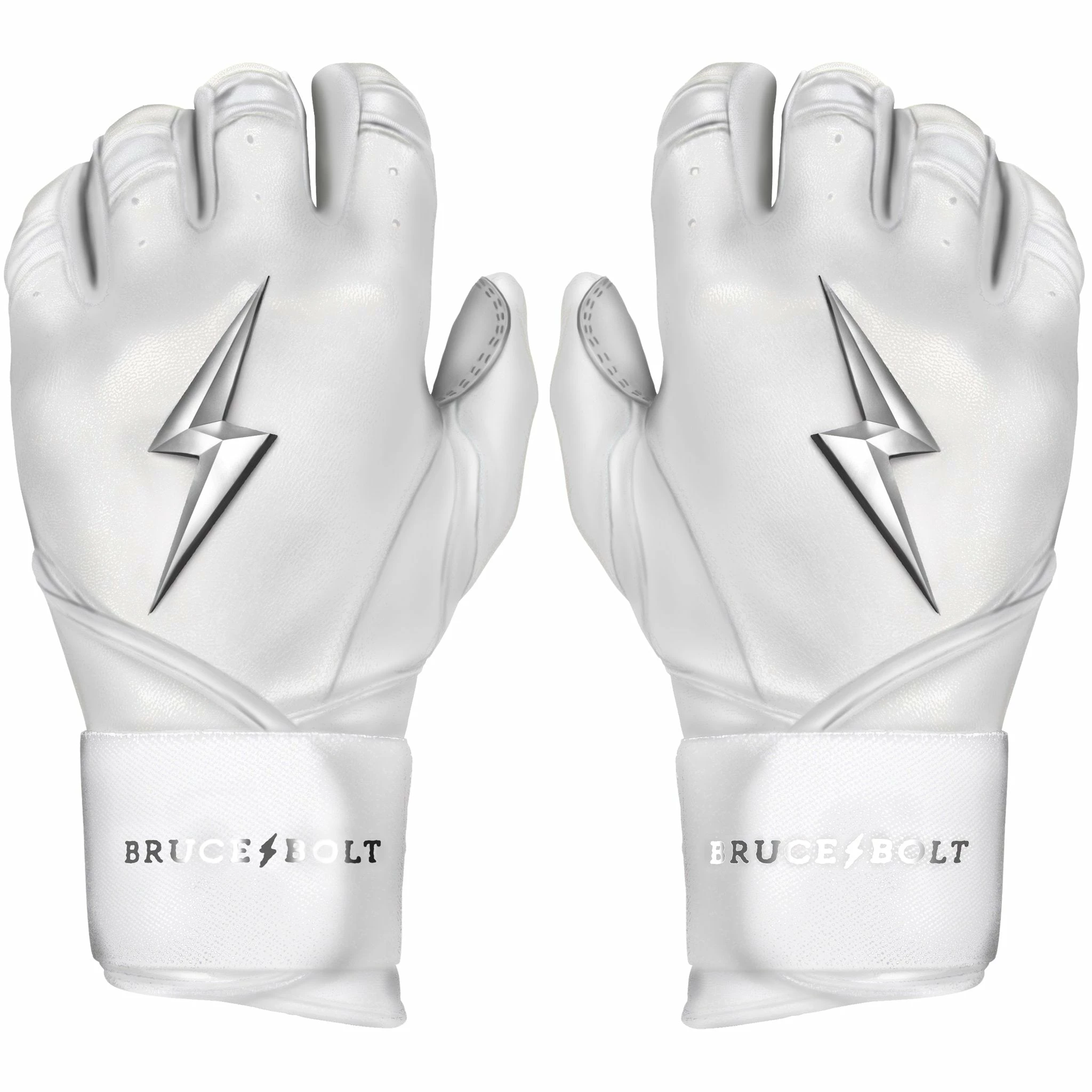 Bruce Bolt PREMIUM PRO Chrome Series Long Cuff Batting Gloves: White 1 Bruce Bolt PREMIUM PRO Chrome Series Long Cuff Batting Gloves: White